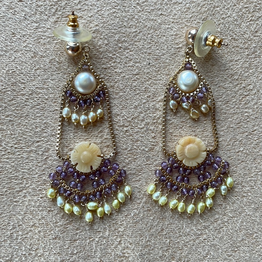 Jade pearl bead statement chandelier earrings NEW